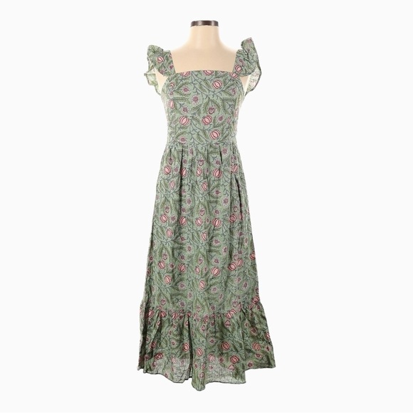 Anthropologie DRA Sage Floral Midi Dress S NWOT Boho Ruffle Sleeve Smock Cotton - Picture 1 of 10